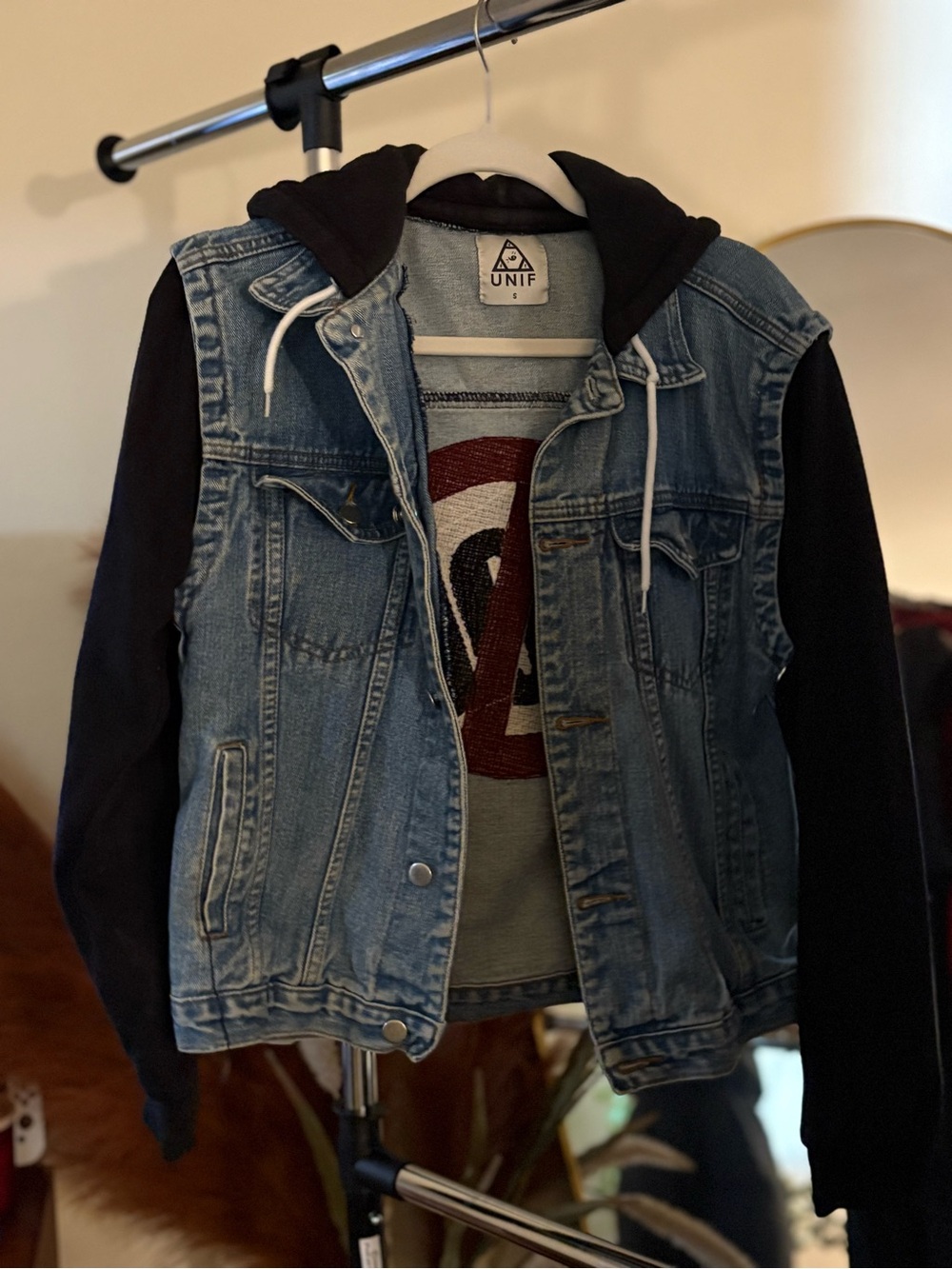UNIF Blue Denim Vest with Black Hoodie Sleeves